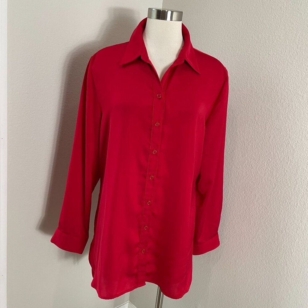 Chicos Womens Large Red Button Up‎ Long Sleeve Tunic Top Shirt Blouse